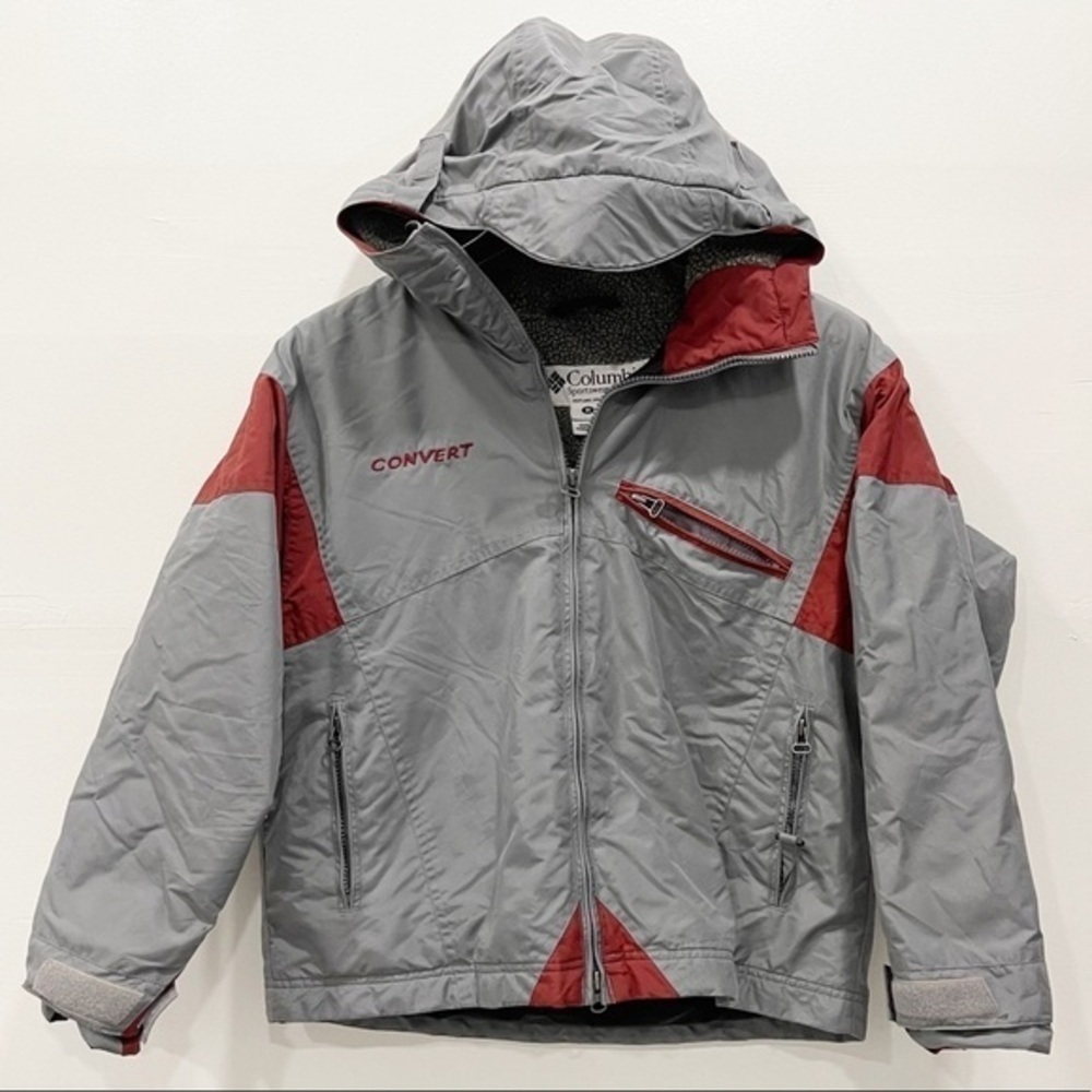 Columbia Vintage Convert Jacket Grey Red Fleece Lined Ski Snow Winter Medium